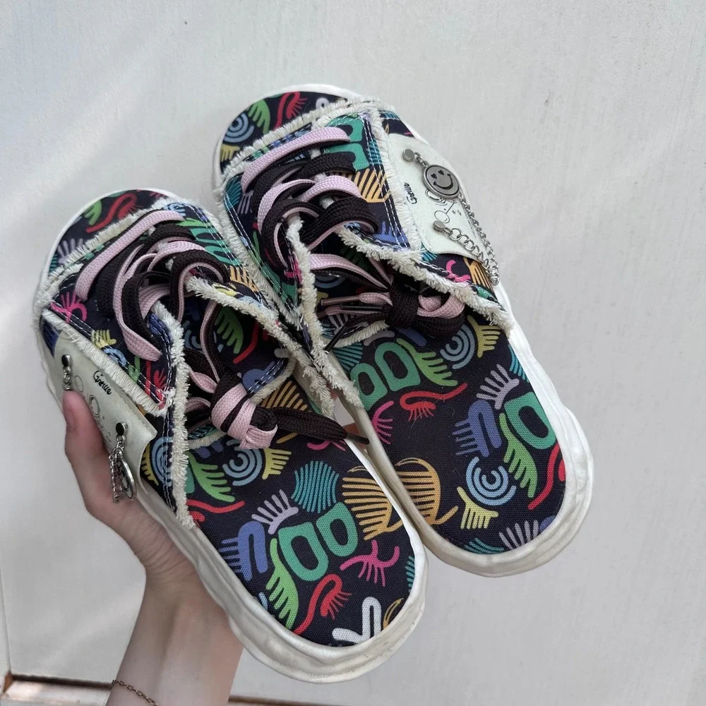 Platform Slides Colorful Abstract Print Frayed Denim Smiley Charm Sz 41